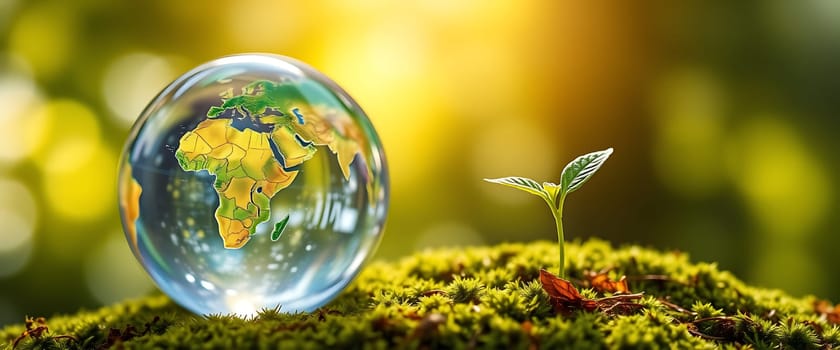 A crystal globe showcases a detailed map of the world, placed next to a delicate green plant sprouting from lush moss under warm sunlight, symbolizing growth and hope for the planet.