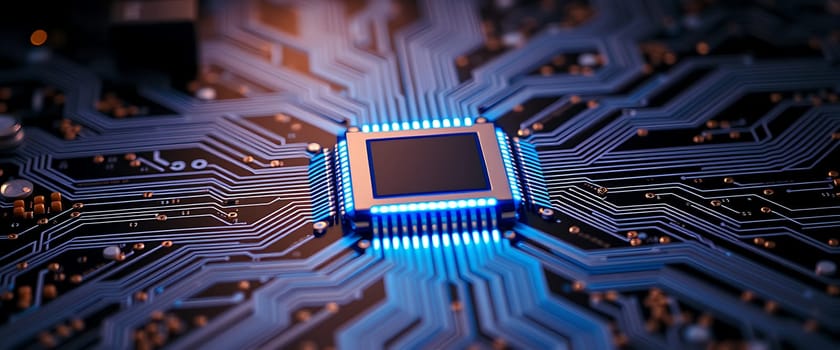 This image highlights a microchip positioned at the center of a circuit board, surrounded by detailed electronic pathways glowing softly, symbolizing advanced technology.