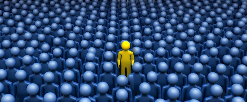 In a vast gathering, a lone yellow figure stands prominently among a sea of blue figures, highlighting the contrast between individuality and conformity in a crowd.