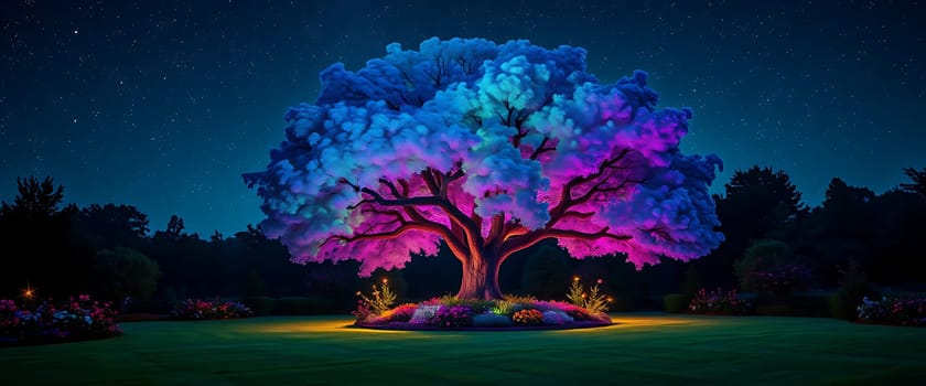 The scene captures a magnificent tree bathed in colorful lights, each branch glowing vividly against the night sky, while flowers thrive around its base, creating a peaceful atmosphere.