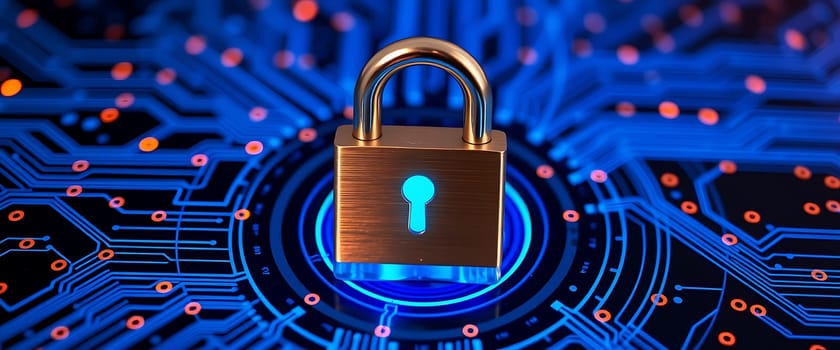 The image showcases a metallic padlock glowing blue against a backdrop of intricate digital circuits, symbolizing the importance of cybersecurity and data protection.