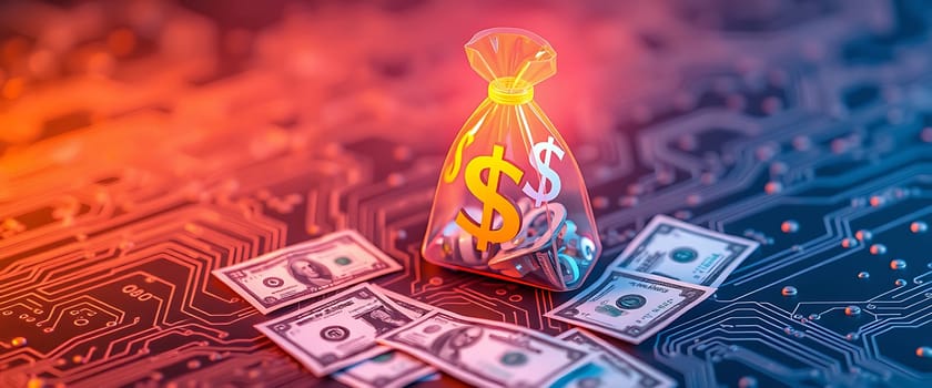 A money bag filled with coins sits atop scattered dollar bills, all set against a vibrant, tech-inspired backdrop of circuit patterns, symbolizing wealth in the digital age.