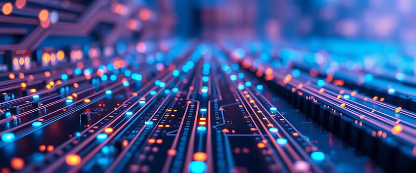 A close-up view captures a circuit board illuminated by glowing lights in shades of blue and orange, creating a vibrant and modern technological atmosphere.