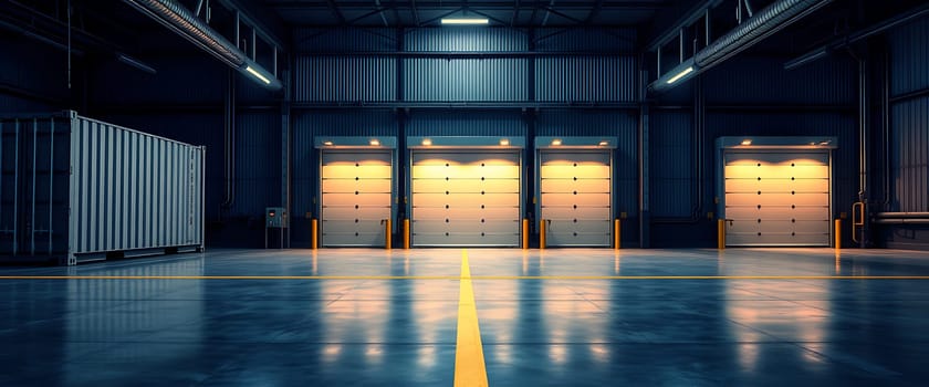 The industrial warehouse interior reveals a spacious area with several loading bays illuminated by warm overhead lights, creating a welcoming atmosphere. The floors shine under the bright lights.