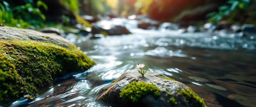 A fragile flower thrives on a mossy rock by a gently flowing river, surrounded by vibrant greenery as the sun sets, casting a warm glow on the landscape.
