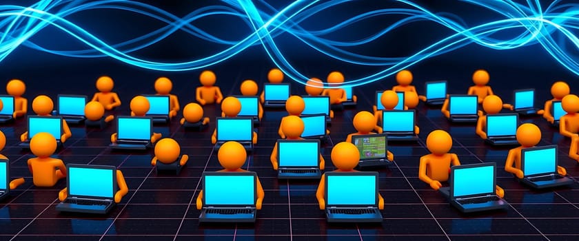 Numerous stylized figures are engaged with laptops in a dark grid environment, as dynamic blue data streams flow overhead, depicting a lively digital workspace.