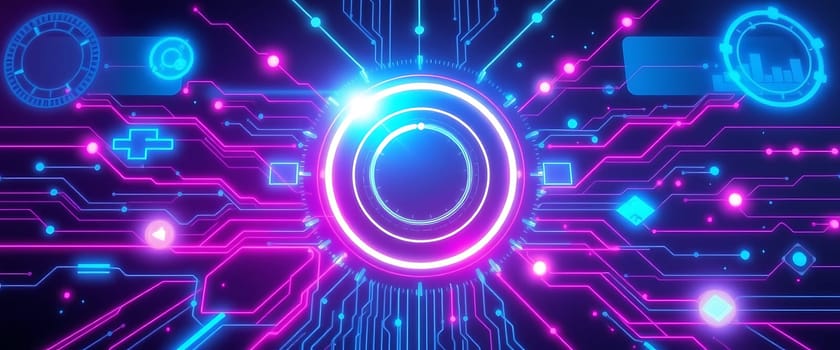 A vibrant display of interconnected circuits and glowing icons creates a high-tech atmosphere, showcasing the intersection of technology and innovation in a dark setting.