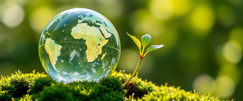 A transparent globe representing Earth rests on vibrant moss, with young plants growing nearby, showcasing the beauty of nature and the importance of preserving our environment.