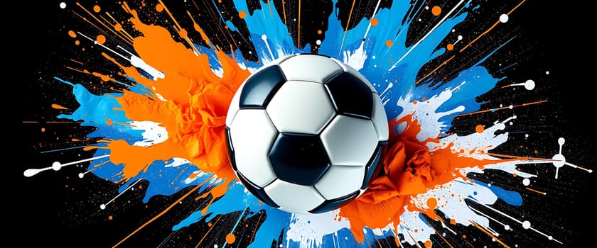 A soccer ball appears to burst through vibrant splashes of blue and orange paint, capturing the thrill and action associated with the sport in a colorful and artistic way.