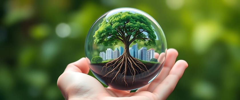 A person gently cradles a glass sphere showcasing a lush tree with roots merging into a metropolitan landscape, representing the connection between nature and urban living.