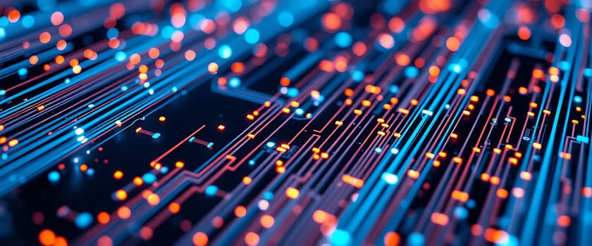 Colorful glowing circuitry illuminates the dark backdrop, with blue and orange lights connecting through intricate patterns, conveying a sense of technology and innovation.
