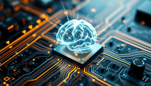 A glowing digital brain sits atop a detailed circuit board, symbolizing advancements in artificial intelligence and the fusion of technology with human cognition.