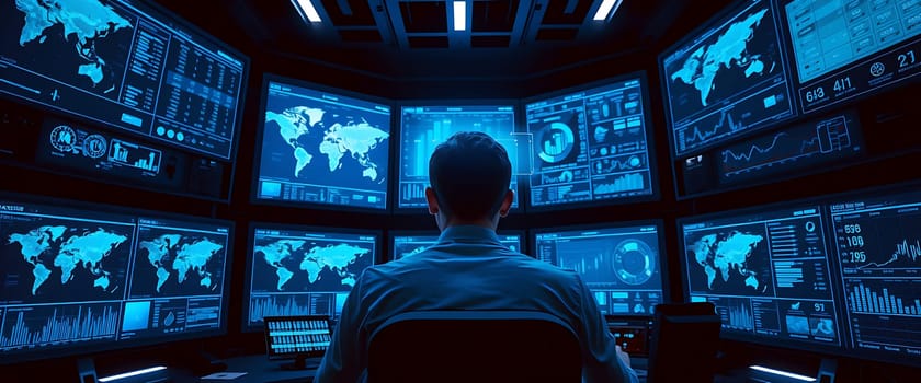 In a dimly lit operations room, an individual observes a series of digital screens filled with graphs, world maps, and data analytics, focusing intently on the information presented.