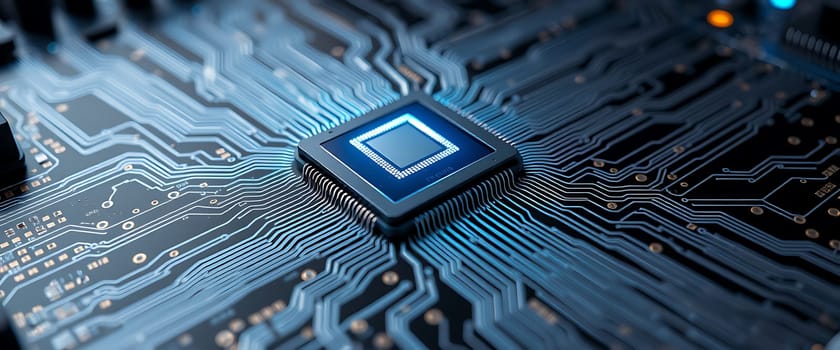 A detailed look at a microprocessor situated on a circuit board, showcasing the complex network of electrical pathways and connections crucial for technology.