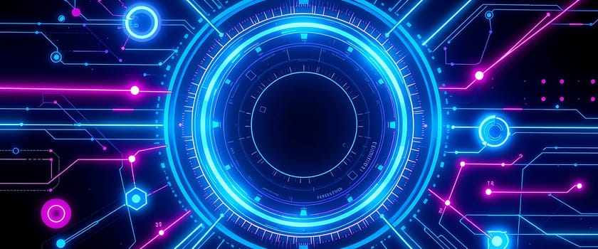 The composition features an intricate web of glowing blue and pink lines intertwined with circular elements, creating a mesmerizing abstract design that suggests advanced technology.