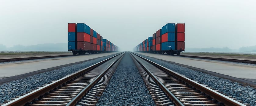 Long rows of brightly colored container train cars stretch along the railway tracks in a hazy, early morning atmosphere, showcasing the industrial landscape.