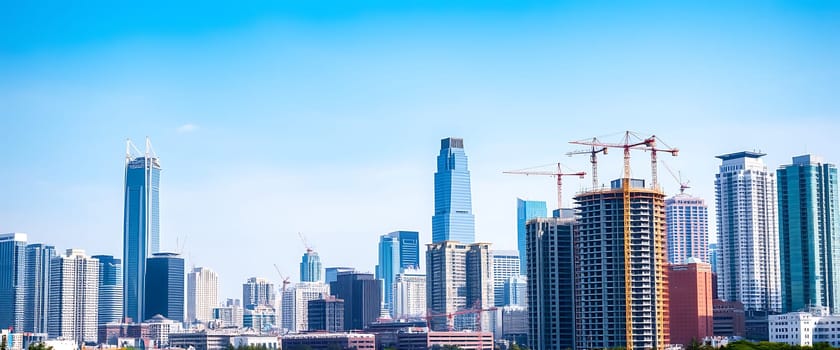 The skyline features a variety of modern buildings, towering skyscrapers, and ongoing construction, reflecting urban growth and innovation. A clear blue sky enhances the city's vibrant atmosphere.
