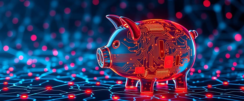 A piggy bank designed with circuit patterns emits a striking glow, set against a network of glowing connections, creating a tech-inspired atmosphere.