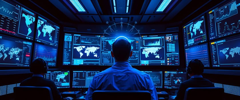 Analysts are focused on multiple screens, monitoring and analyzing global data trends in a high-tech control room lit by vibrant blue lights during the night.