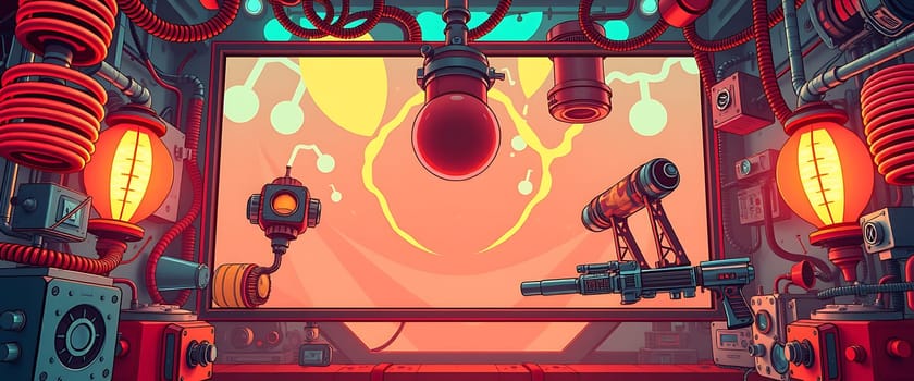 The vibrant laboratory features intricate machinery and scientific instruments, blending colors and shapes to inspire thoughts of future technological advancements and experimentation.