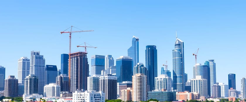 The bustling city skyline features tall buildings and cranes reaching towards a clear blue sky, highlighting ongoing construction and urban development activities.