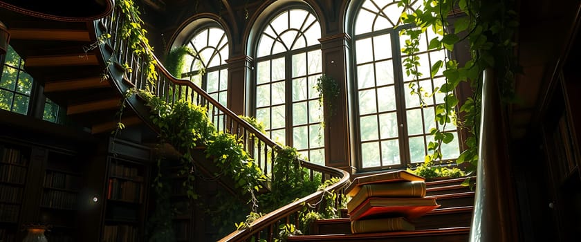 Sunlight floods a grand library as vibrant green vines climb the wooden staircase. Books stacked below create an inviting atmosphere for reading and relaxation.