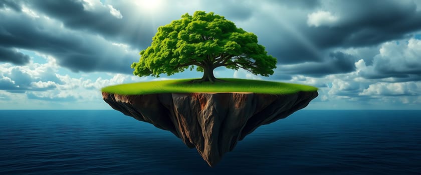 A lush green tree stands majestically atop a floating island, suspended above the tranquil ocean. Dark clouds swirl overhead, adding a dramatic touch to the serene landscape.