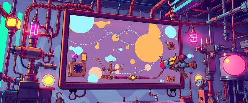 In this creative control room, neon-lit pipes and machinery surround a large screen displaying colorful, abstract shapes, evoking a sense of futuristic technology and playful curiosity.