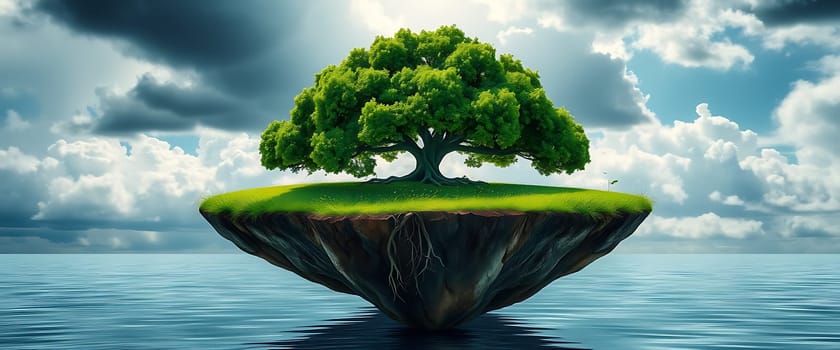 A vibrant green tree flourishes on an isolated floating island, with its roots visible beneath the lush grass, set against a serene water backdrop and dramatic clouds.