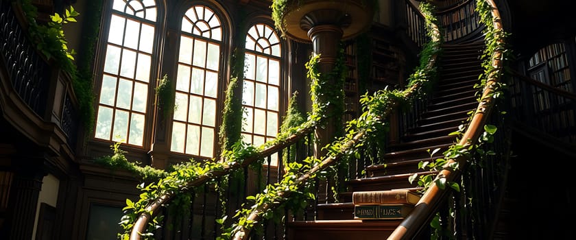 Sunlight streams through large arched windows, illuminating a vintage library's staircase adorned with lush green vines. The scene evokes a sense of enchantment and timelessness.