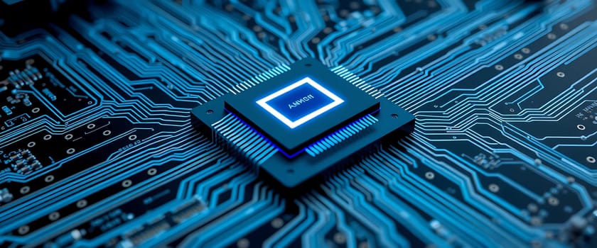 A central microchip is prominently positioned on a complex circuit board filled with intricate blue circuitry lines and connections, illuminated by bright light.