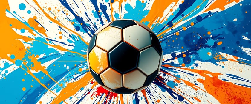 A soccer ball sits at the center of a striking composition, surrounded by vivid splashes of paint in blue and orange hues, capturing the lively spirit of the game.