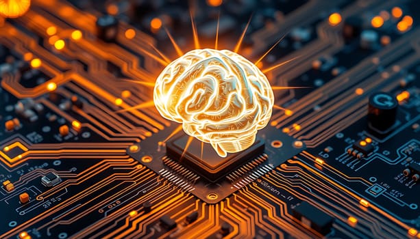 A bright, glowing brain is situated on a circuit board, surrounded by illuminated lines and nodes, symbolizing the intersection of technology and intelligence.