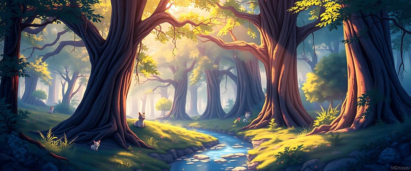 Sunlight pours through the tall trees in a tranquil forest where a stream flows peacefully. The vibrant greenery and subtle wildlife create a magical, serene atmosphere.