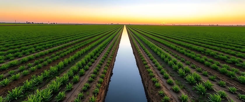 Vibrant fields of crops are meticulously arranged in rows, while a tranquil irrigation channel reflects the colors of the sunset above, creating a picturesque landscape.