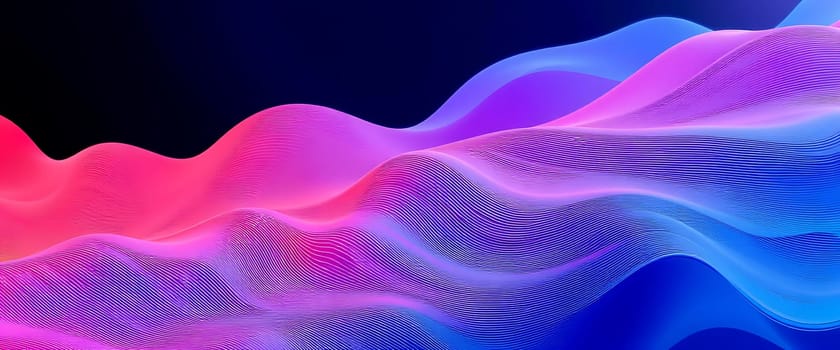 Colorful waves of pink and blue undulate against a dark background, showcasing an abstract digital design that evokes a sense of movement and energy.