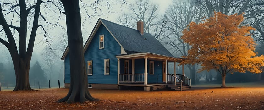 In a quiet rural location, a charming blue house sits amidst fog and vibrant autumn trees, creating a serene atmosphere in the late afternoon light.