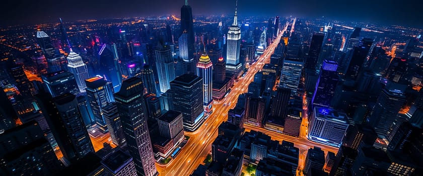 The skyline reveals a breathtaking view of a bustling city at night, with illuminated skyscrapers and vibrant streets full of life, capturing the essence of urban energy.