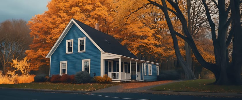 A quaint blue house sits peacefully on a serene street, framed by stunning autumn foliage in warm hues, capturing the essence of a tranquil fall evening.