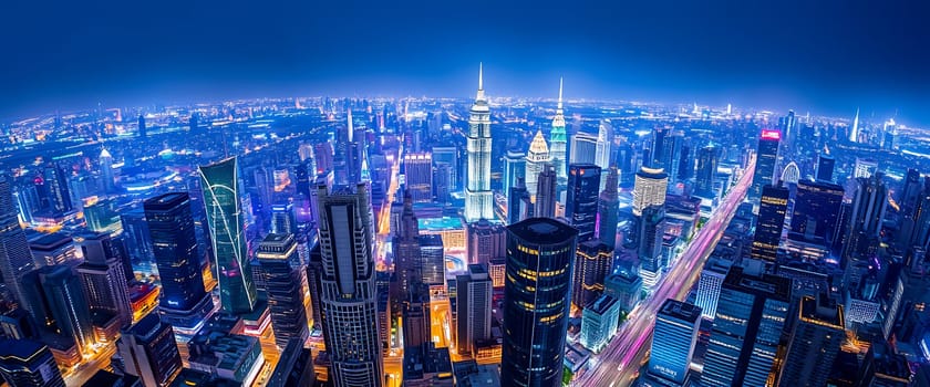 The city skyline glows with colorful lights at night, showcasing towering skyscrapers, busy streets, and a vibrant atmosphere that highlights urban life.