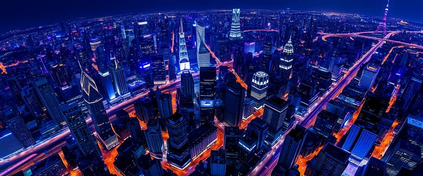 The vibrant skyline of Shanghai sparkles at night, showcasing illuminated skyscrapers and busy streets filled with vehicles, highlighting the city's dynamic energy and modern architecture.