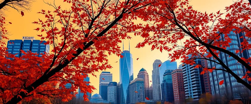 Vibrant red and orange leaves create a natural frame around a bustling city skyline, showcasing tall structures against a golden sunset, highlighting the beauty of autumn.