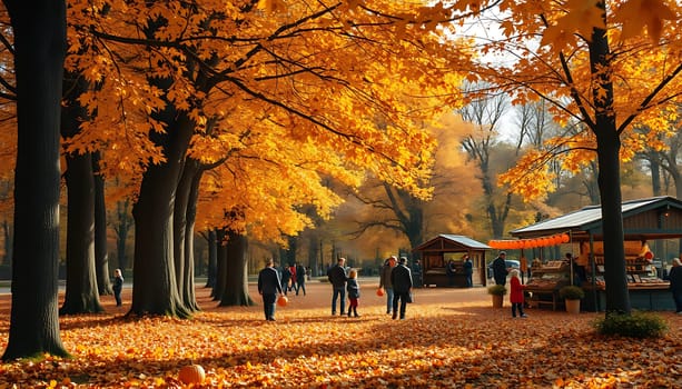 Families stroll through a park blanketed in golden autumn leaves, enjoying the warm colors of fall and exploring a nearby market selling seasonal goods.
