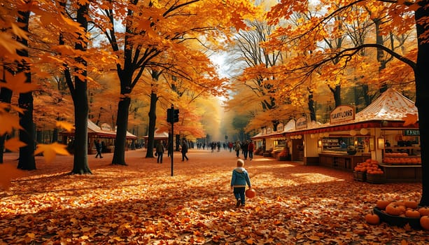 A child wanders through a lively autumn market strewn with fallen leaves, carrying a pumpkin while colorful trees and crowds create a festive atmosphere.