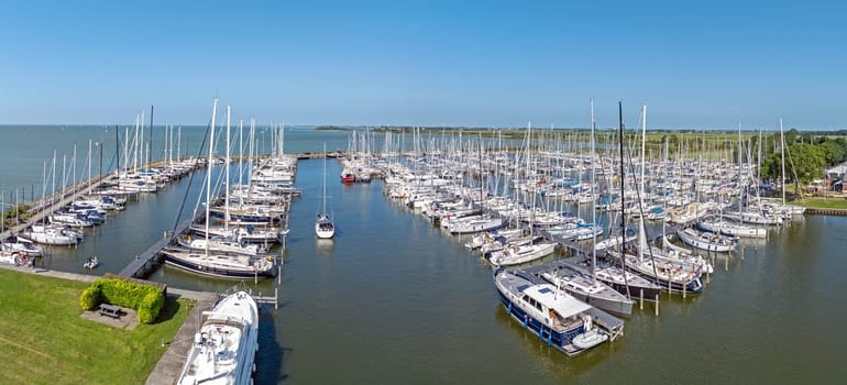 Aerial panorama from the harbor in Hindeloopen in Friesland the Netherlands