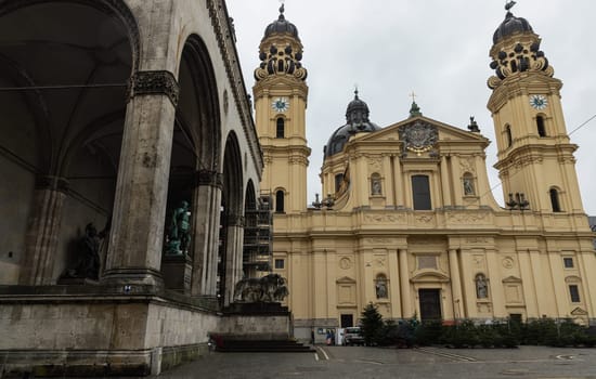 Munich, Germany - Dec 22, 2023 - View of The Theatine Church of St. Cajetan and Adelaide (Theatinerkirche St. Kajetan und Adelheid) a Catholic church on Odeonsplatz in Munich. Copy space, Selective focus.