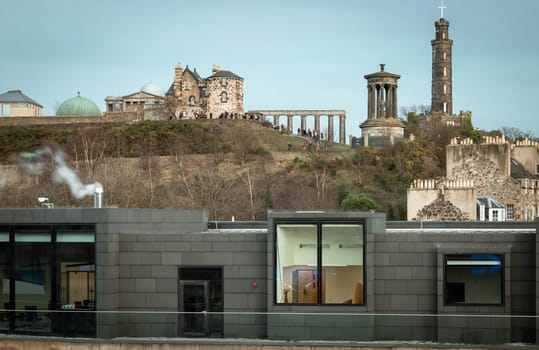 Edinburgh, Scotland - Jan 19, 2024 - View of Calton Hill with the skyline seen from the top of St James Quarter shopping centre in Edinburgh city. Destinations in Europe, Space for text, Selective focus.