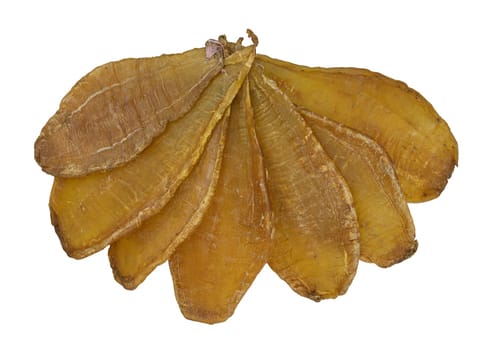 Fish Maw Soup or Dried Fish Stomach (Dried Fish Bladder) isolated on white background with clipping path. Chinese dried food, Healthy eating lifestyle concept, Top view, Selective focus.