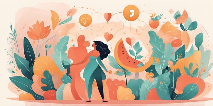 This charming illustration features a woman engaging with lush greenery and bright fruits in a colorful garden. The playful design captures a sense of joy and connection to nature.