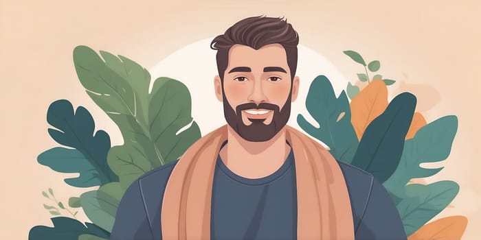 A friendly-looking man with a beard smiles warmly while wearing a scarf, surrounded by vibrant tropical foliage. The backdrop suggests a serene atmosphere filled with natural elements.